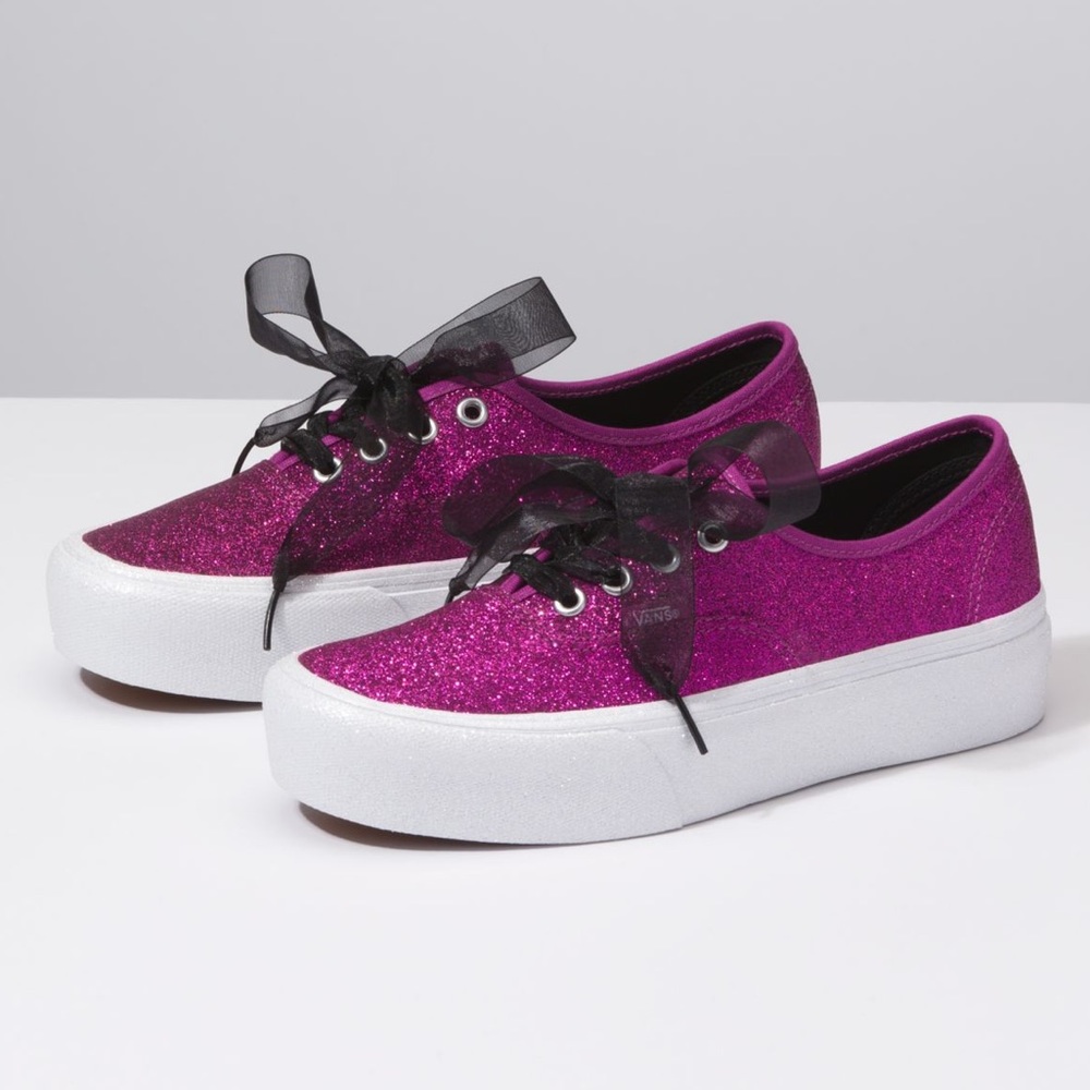 Vans Pink Glitter Platform Sneakers Shoes 8 Black - Picture 4 of 8